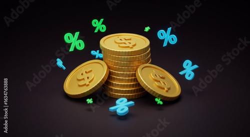 3D gear icons rotating with currency signs inside them on a dark tech background