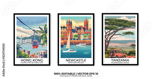 Set of 3 Vintage travel posters, Vintage travel illustrations, Vector colorful illustrations. Trendy printable wall art with beautiful landscapes.