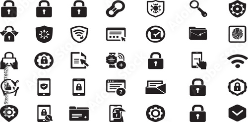 "Security and privacy icon set featuring black silhouette vector glyphs of lock, key, fingerprint, shield, passcode, data protection, access control, and cybersecurity."

