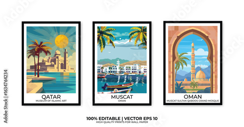 Set of 3 Vintage travel posters, Vintage travel illustrations, Vector colorful illustrations. Trendy printable wall art with beautiful landscapes.