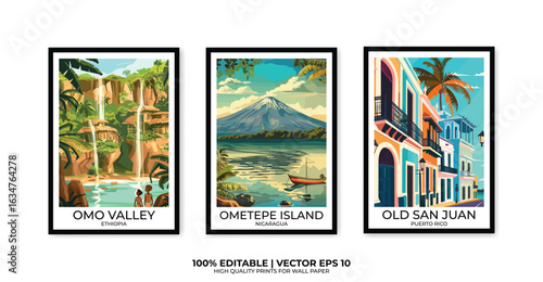 Set of 3 Vintage travel posters, Vintage travel illustrations, Vector colorful illustrations. Trendy printable wall art with beautiful landscapes.
