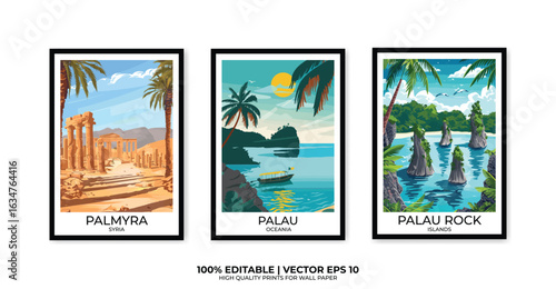 Set of 3 Vintage travel posters, Vintage travel illustrations, Vector colorful illustrations. Trendy printable wall art with beautiful landscapes.
