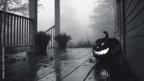 Candle glowing inside carved pumpkin foggy porch spooky Halloween concept in moody autumn black and white photography