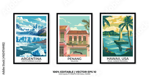 Set of 3 Vintage travel posters, Vintage travel illustrations, Vector colorful illustrations. Trendy printable wall art with beautiful landscapes.