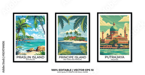 Set of 3 Vintage travel posters, Vintage travel illustrations, Vector colorful illustrations. Trendy printable wall art with beautiful landscapes.