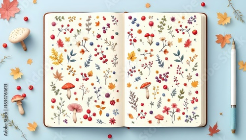 Top View of an Open Notebook with Hand-Drawn Autumn Leaves, Berries, and Mushrooms on a Gentle Blue Surface, Symbolizing Slow Living and Mindfulness
