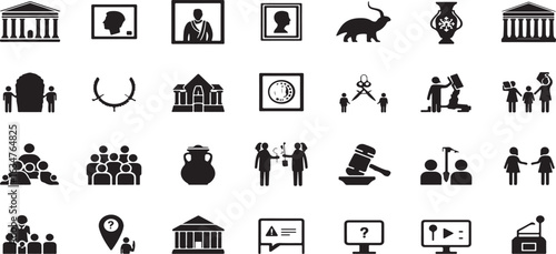 Museum and history icon set. Vector glyph illustrations featuring artifacts, paintings, sculptures, statues, ancient architecture, cultural heritage, archaeology, and exhibitions in black silhouette s