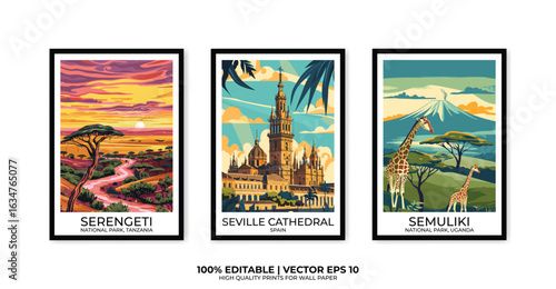 Set of 3 Vintage travel posters, Vintage travel illustrations, Vector colorful illustrations. Trendy printable wall art with beautiful landscapes.