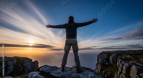 Man standing on top of mountain with arms outstretched at sunset
