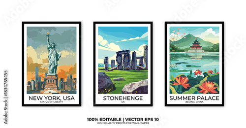 Set of 3 Vintage travel posters, Vintage travel illustrations, Vector colorful illustrations. Trendy printable wall art with beautiful landscapes.