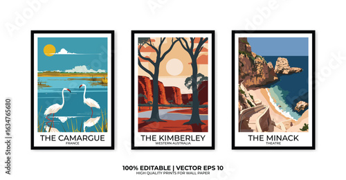 Set of 3 Vintage travel posters, Vintage travel illustrations, Vector colorful illustrations. Trendy printable wall art with beautiful landscapes.