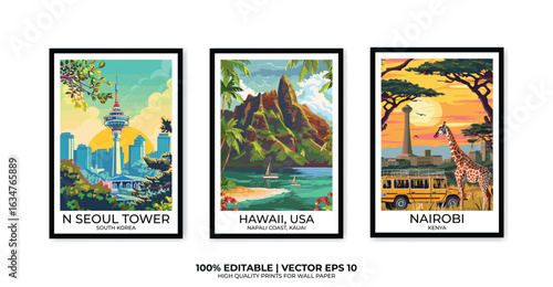 Set of 3 Vintage travel posters, Vintage travel illustrations, Vector colorful illustrations. Trendy printable wall art with beautiful landscapes.