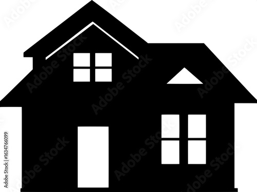 "Flat-design house silhouette in black on white background. The structure features a centered door, one window on the left, two on the right, all rectangular. The perspective is direct and frontal, li