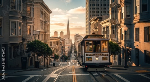 Golden hour cable car ascends a San Francisco hill