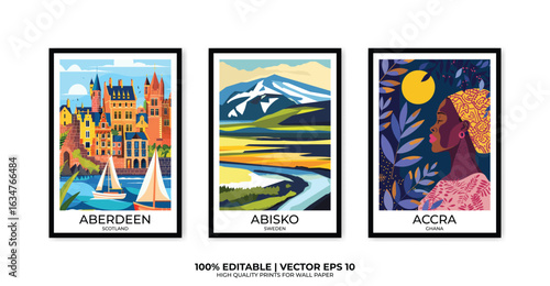 Set of 3 Vintage travel posters, Vintage travel illustrations, Vector colorful illustrations. Trendy printable wall art with beautiful landscapes.