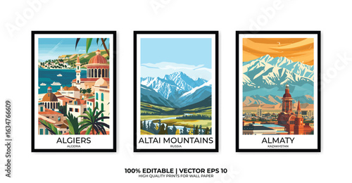 Set of 3 Vintage travel posters, Vintage travel illustrations, Vector colorful illustrations. Trendy printable wall art with beautiful landscapes.