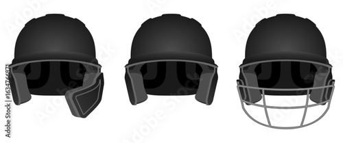 black baseball helmet set front view with different style, vector illustration isolated on white background.