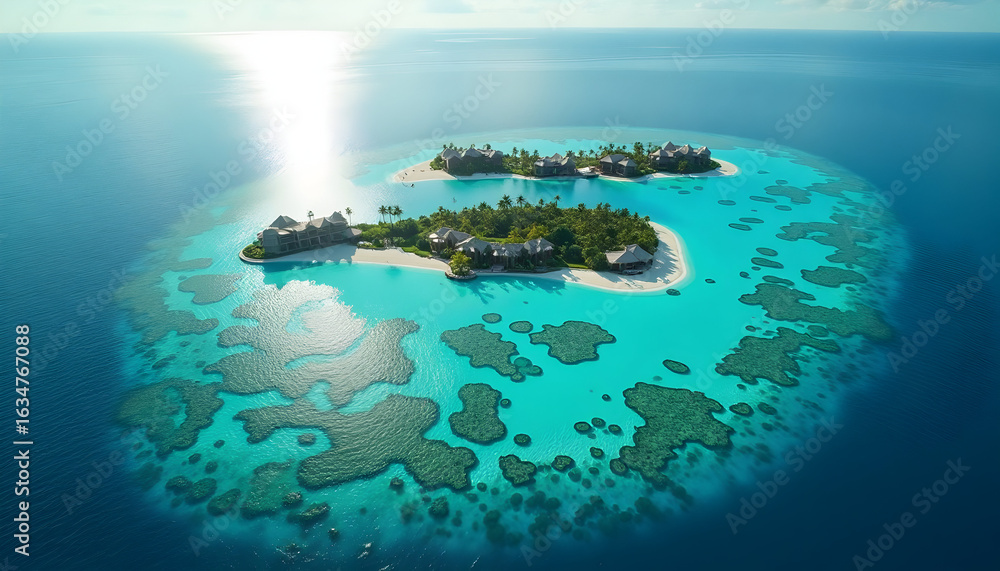Fototapeta premium Aerial view of luxurious island resorts in turquoise waters of the Maldives