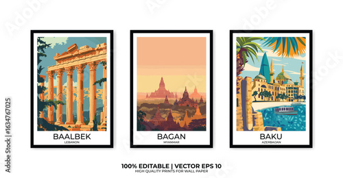 Set of 3 Vintage travel posters, Vintage travel illustrations, Vector colorful illustrations. Trendy printable wall art with beautiful landscapes.