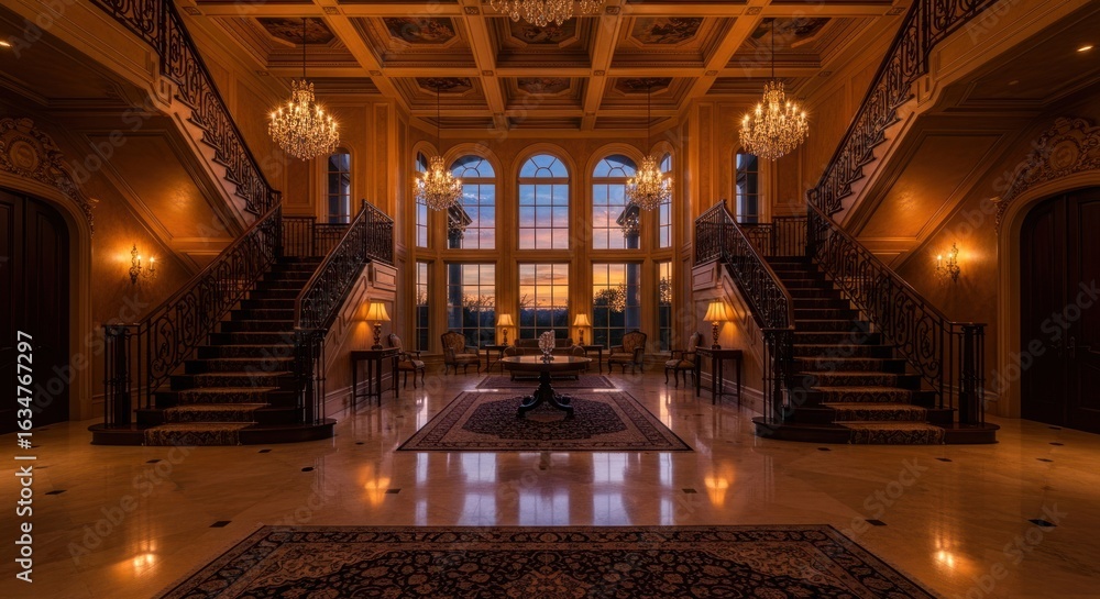 Obraz premium Grand entry hall with double staircase and large windows, showcasing a magnificent interior design