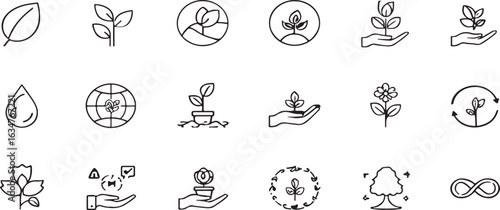 Minimalist outline vector set of eco-friendly nature and environment icons including plants, trees, water, and sustainability symbols

