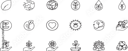 Minimalist outline vector set of eco-friendly nature and environment icons including plants, trees, water, and sustainability symbols


