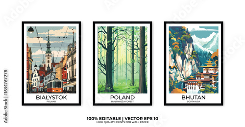 Set of 3 Vintage travel posters, Vintage travel illustrations, Vector colorful illustrations. Trendy printable wall art with beautiful landscapes.