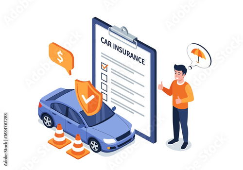 An 3D isometric car insurance graphic featuring a car protected by a shield. A satisfied man gives a thumbs-up next to a policy checklist, symbolizing secure and positive coverage