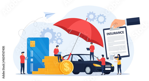 A comprehensive car insurance illustration depicting a car under an umbrella for protection, surrounded by people, credit cards, money, and an insurance policy, symbolizing financial security