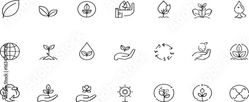 Minimalist outline vector set of eco-friendly nature and environment icons including plants, trees, water, and sustainability symbols

