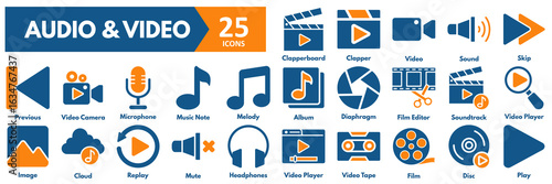 Audio and Video icon set. with icons of video player, tape, film, disc, play, clapperboard, clapper, video, sound, skip, previous, camera, microphone, music note, melody, album, diaphragm 