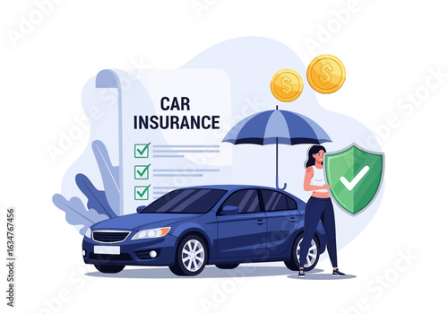 A car insurance illustration with a woman, a shield, and an umbrella protecting a car and policy document with checklist. Gold coins symbolize financial security
