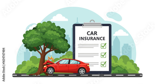 A car insurance illustration featuring a damaged car after hitting a tree, alongside a car insurance policy checklist, highlighting coverage for unforeseen accidents