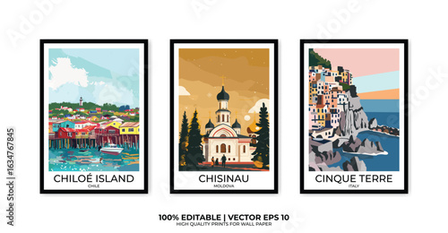 Set of 3 Vintage travel posters, Vintage travel illustrations, Vector colorful illustrations. Trendy printable wall art with beautiful landscapes.