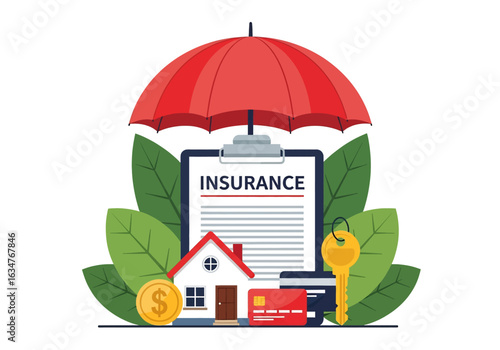 Insurance concept graphic with a house and financial assets protected under a giant umbrella. A policy document reinforces the themes of security and financial planning