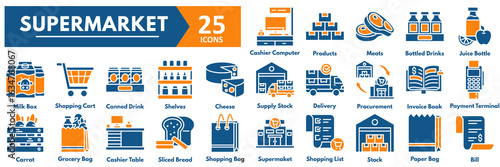 Supermarket icon set. with icons of supermarket, shopping list, stock, paper bag, bill, cashier computer, products, meats, bottled drinks, juice bottle, milk box, shopping cart, canned drink, shelves 