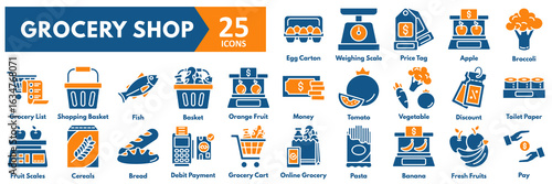Grocery Shop icon set. with icons of egg carton, weighing scale, price tag, apple, broccoli, grocery list, shopping basket, fish, basket, orange fruit, money, tomato, vegetable, discount, toilet paper