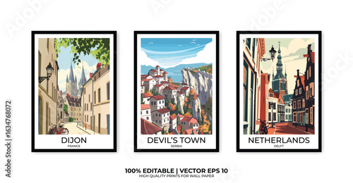 Set of 3 Vintage travel posters, Vintage travel illustrations, Vector colorful illustrations. Trendy printable wall art with beautiful landscapes.