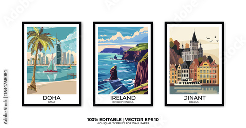 Set of 3 Vintage travel posters, Vintage travel illustrations, Vector colorful illustrations. Trendy printable wall art with beautiful landscapes.