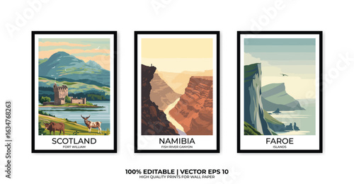 Faroe Islands, Fish River Canyon & Fort William travel poster with Nordic cliffs, African canyons and Highland views
