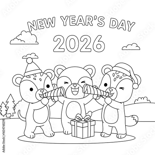 Wallpaper Mural Adorable Cartoon Animals Celebrating New Year's Day 2026:  Line Art Coloring Page Design. Torontodigital.ca
