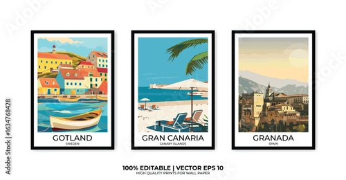 Set of 3 Vintage travel posters, Vintage travel illustrations, Vector colorful illustrations. Trendy printable wall art with beautiful landscapes.