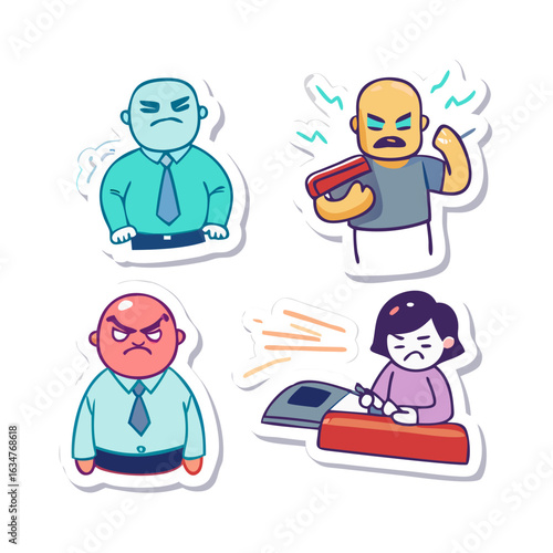 A set of stickers about office work. Angry boss, deadline, introvert programmer and stapler. Cartoon vector hand drawn style.