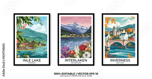 Set of 3 Vintage travel posters, Vintage travel illustrations, Vector colorful illustrations. Trendy printable wall art with beautiful landscapes.