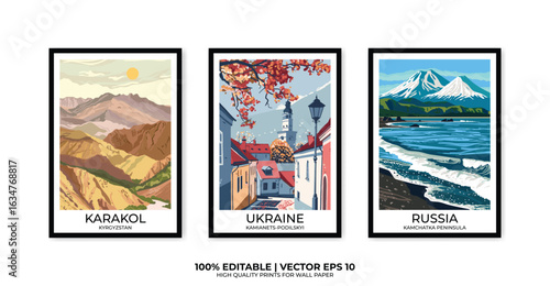 Set of 3 Vintage travel posters, Vintage travel illustrations, Vector colorful illustrations. Trendy printable wall art with beautiful landscapes.