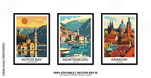 Set of 3 Vintage travel posters, Vintage travel illustrations, Vector colorful illustrations. Trendy printable wall art with beautiful landscapes.