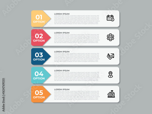 Vector infographic template with three 5 steps or options. Illustration presentation with line elements icons. Business concept design can be used for web, brochure, diagram