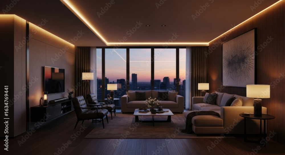 Fototapeta premium Modern, sophisticated living room at twilight, showcasing city views
