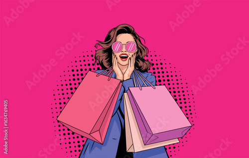 Beautiful surprised girl in sunglasses with shopping on a colored background. In a bright pop art style.