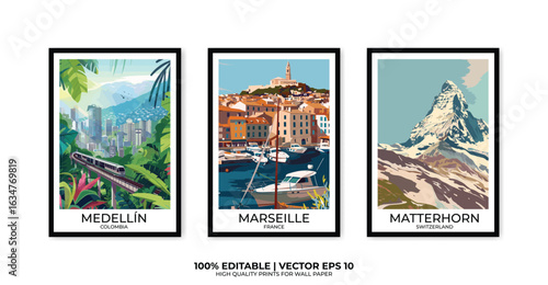 Set of 3 Vintage travel posters, Vintage travel illustrations, Vector colorful illustrations. Trendy printable wall art with beautiful landscapes.